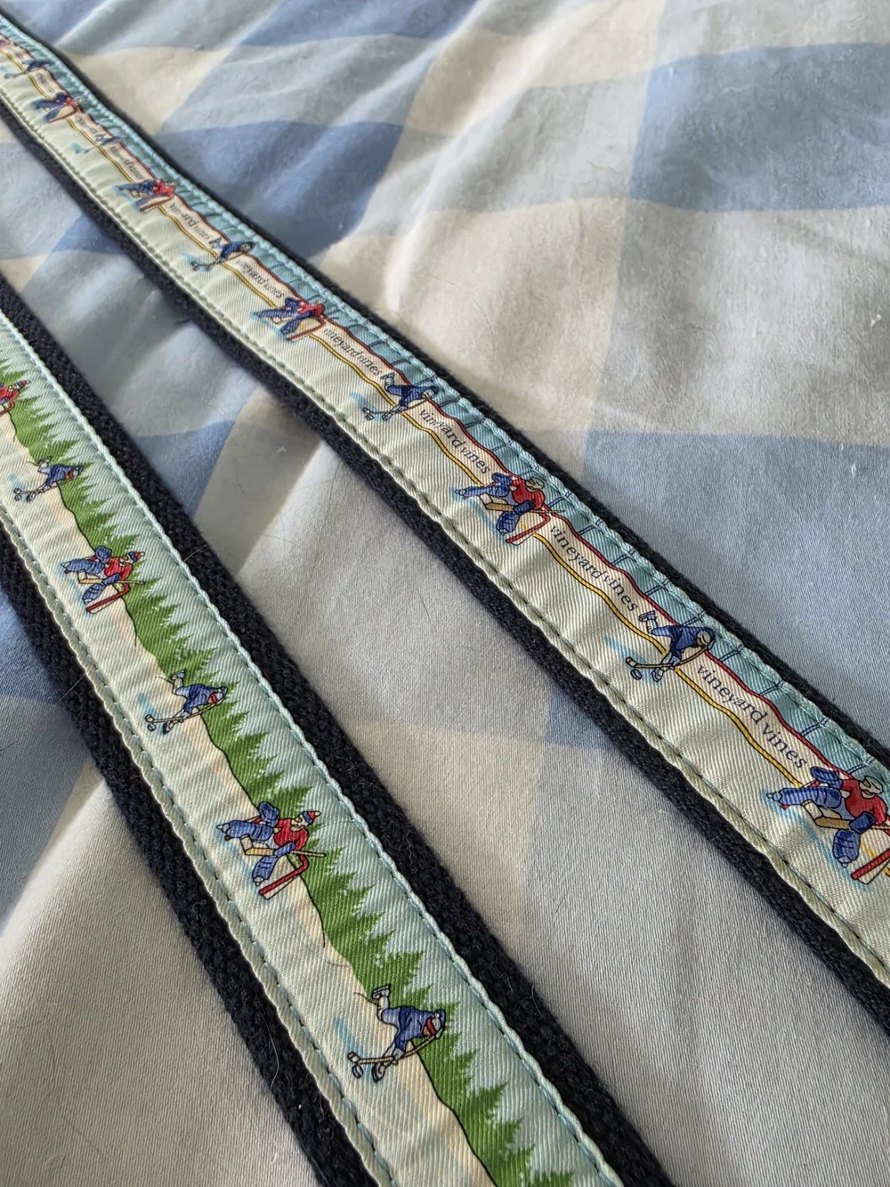 2 Vineyard Vines Belts, Ice Hockey Themed, Silk Cotton And Leather